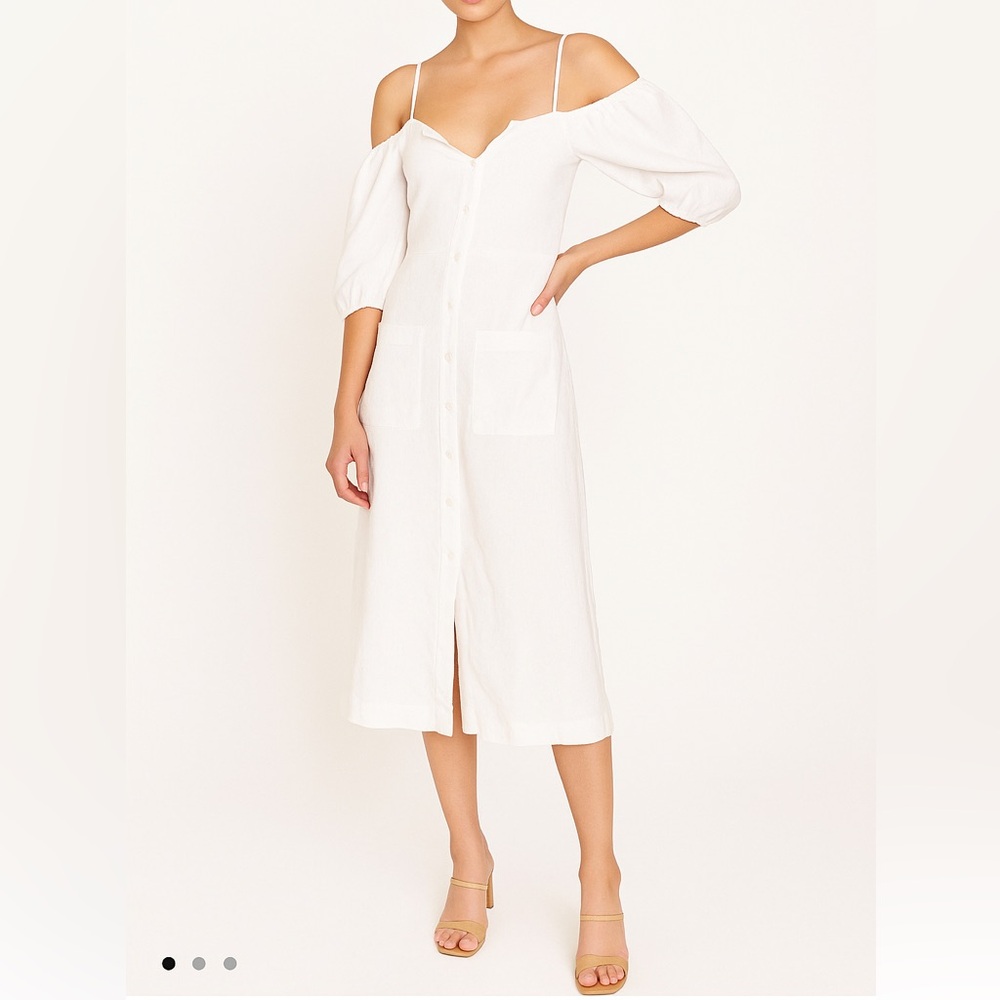 NWOT Reformation Off the Shoulder Midi Length  Button Up White Linen Dress Size